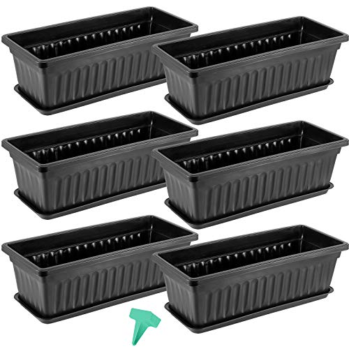 ZEONHAK 6 Pack 17 Inches Countryside Flower Box Planters, Plastic Vegetable Planters with 30 PCS Plant Labels, Black Flower Window Boxes with Attached Tray for Windowsill, Patio, Garden, Balcony???