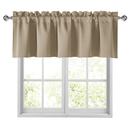 "JIUZHEN Taupe Valances for Windows Rod Pocket Room Darkening Small Window Curtains for Kitchen/Bathroom, 52"" W x 14"" L, 1 Panel"