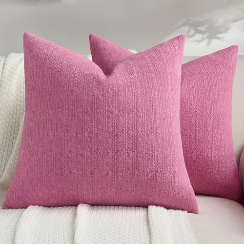 FUTEI Pack of 2 Solid Chenille Throw Pillow Covers 20x20 Inch Soft Farmhouse Decorative Accent Cushion Cases Modern Home Decor for Couch Living Room, Hot Pink