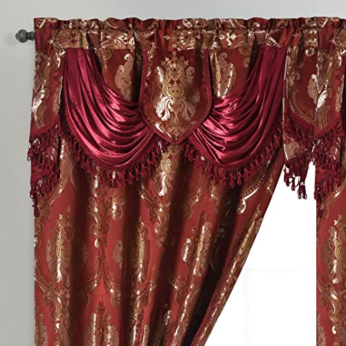 "GOHD Luxe Love. Jacquard Window Curtain Panel Drape with Attached Fancy Valance. 2pcs Set. (Wine, 54"" Wide x 84"" Drop with 18"" Valance x 2pcs)"