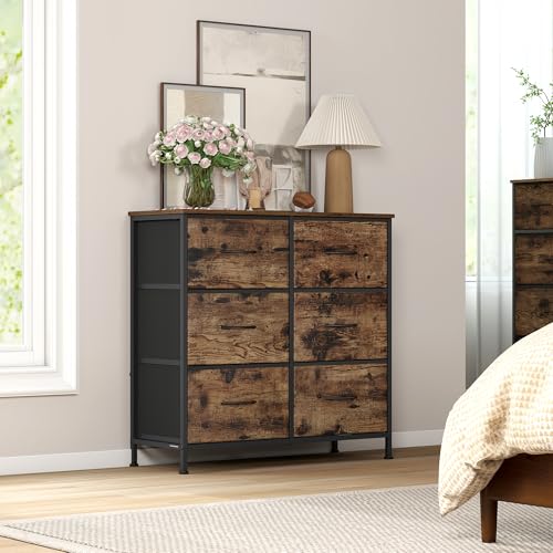 SONGMICS Chest of Drawers, 6 Fabric Drawers Storage Unit, Steel, MDF, Non-Woven Fabric, for Bedroom, Closet, Hallway, Living Room, Rustic Brown and Ink Black LGS123BH04
