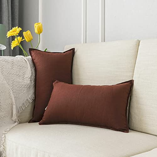 "Jeanerlor Natural Cotton Linen Green Decorative 12""x20"" Throw Pillow Case Cushion Cover with Twin Needles Stitch on Edge for Lumbar, (30 x 50cm), 2 Pcs, Reddish Brown"