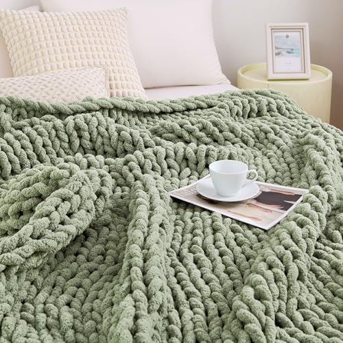 "Admitrack Chunky Knit Blanket Throw, 100% Hand Knit Chenille Throw Blanket for Sofa & Home Decor, Soft and Cozy Knitted Throw Blankets (Sage Green，51""x63"")"
