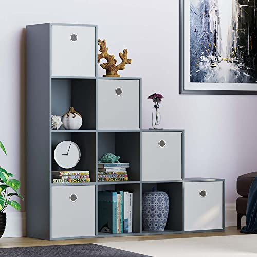 Vida Designs Durham Staircase Bookcase Shelves Storage Organiser Living Room Furniture (10 Cube & 5 White Baskets, Grey)
