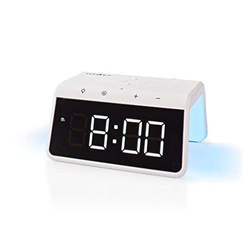NEDIS Wireless Charging Alarm Clock, Qi Certified, 15W Fast Charge, Dual Programmable Alarms, USB-A Output, Dimmable Backlit Display, Colour Changing Night Light - White