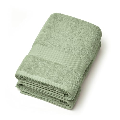 Pure Cotton Set of 2 Bath Towels in Combed Cotton, 570 g/m², Oeko-TEX Certified, Washable at 40°C, 2-Piece Absorbent Bath Mat, 70 x 140 cm, Almond Green