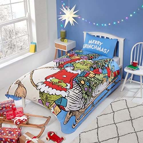 Coco Moon The Grinch Christmas Sleigh Reversible Single Duvet Cover Set - Kids Bed Christmas Themed Single Bedding Set For Boys and Girls