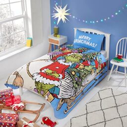 Coco Moon The Grinch Christmas Sleigh Reversible Single Duvet Cover Set - Kids Bed Christmas Themed Single Bedding Set For Boys and Girls