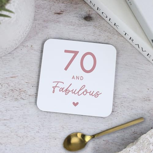 eBuyGB Printed Square Coaster, 70 & Fabulous Milestone Birthday, 70 Birthday Gift for Her, Grandma, Mum, Friend, Auntie, Seventieth Drinks Mat