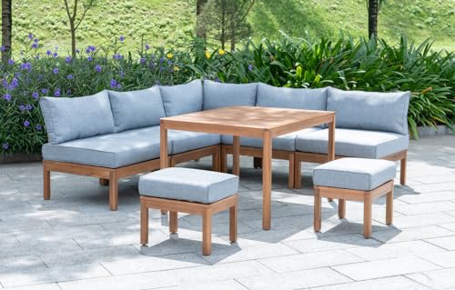 Out & Out Original Cali Garden Outdoor Patio Wooden Lounge Set - 7 Seats - FSC Certified Eucalyptus Wood - Corner Seat, 4 Middle Seats, 2 Stools, Dining Table - Grey Polyspun Cushions