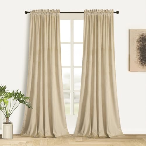 Roslynwood Cream Velvet Curtains 63 inch Length - Block Light Rod Pocket Thermal Insulated Window Drapery for Living Room/Christmas Decorative W52 x L63-inch, 2 Panels