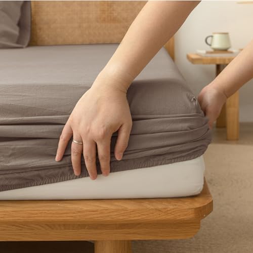 BESTOUCH Queen Fitted Bottom Sheet???Breathable 100% Washed Cotton Linen-Like - 16-19 Inch Deep Pocket Fits Mattress - Fade Resistant Soft Comfy Durable Easy Care