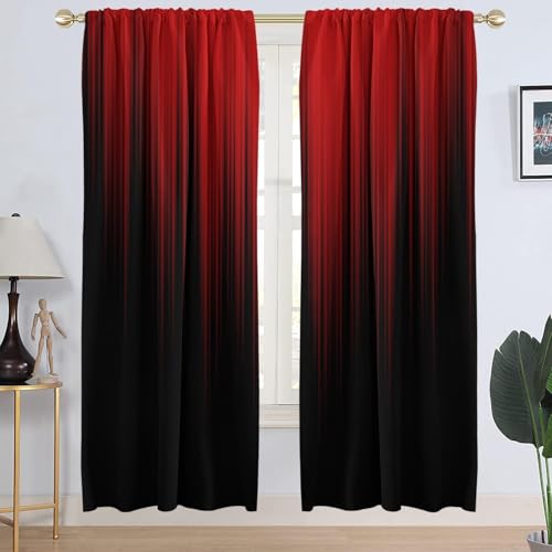"AAtter Red and Black Window Curtain Ombre Mens Gothic Goth Gradient Rod Pocket Thermal Insulated Blackout Living Room Bedroom Drapes Treatment 1 Pair Home Decor, 42"" W x 84"" L, Modern"
