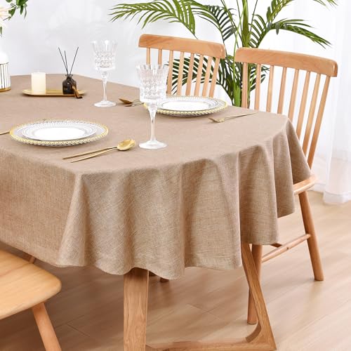 Wolkemer Faux Linen Oval Tablecloth Heavy Duty Wrinkle Resistant Fabric Table Cloths 60 x 120 Inch Flaxen Farmhouse Rustic Table Cover for Kitchen Dining Indoor Outdoor Tabletop Decoration