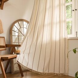 Sutuo Home Boho Curtains 90 Inches Long,Bohemian Curtain for Bedroom Living Room, Light Filtering Country Rustic Semi Blackout Farmhouse Drape Top Rod Pocket, 1 Panel W52 x L90,White and Coffee