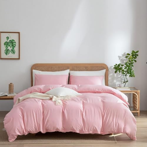 TISPLR Pink Duvet Cover Queen 100% Washed Microfiber 3 Pieces Bedding Set with Zipper Closure, Soft Natural Slight Wrinkled Comfy