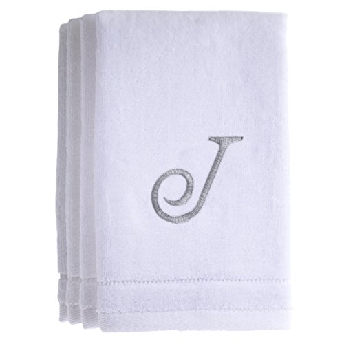 Monogrammed Towels Fingertip, Personalized Gift, 11 x 18 Inches - Set of 4- Silver Embroidered Towel - Extra Absorbent 100% Cotton- Soft Velour Finish - For Bathroom/Kitchen/Spa- Initial J (White)