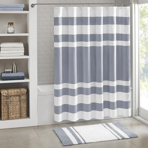 "Madison Park Spa 3M Scotchgard Stripe Waffle Fabric Shower Curtain Bathroom Shower Curtain with 3M Moisture Management Spa Quality Modern Standard, 72"" x 72"", Indigo Blue"