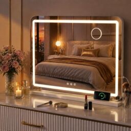 Clevich Hollywood mirror with LED light, make-up vanity mirror with lighting, touchscreen dressing table mirror with lights, dimmable 3 modes, with USB and 10X magnification, white (80L x 60W cm)