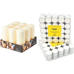 Spaas Tray of 9 Unscented Pillar Candles 60/150 mm, 45 Hours, Ivory & 8 Hour Tea Lights Candles (50 Pack) - White Long Lasting Tea Lights - Unscented - 3.8 x 2.3 CM, 8hr