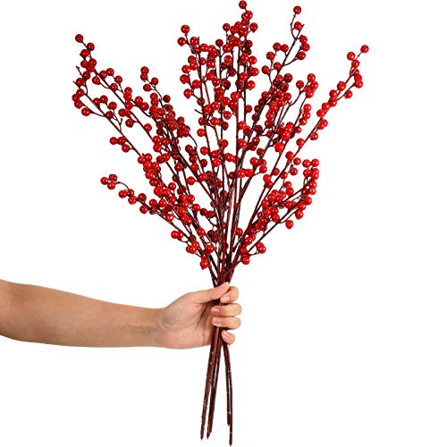 WILLBOND Artificial Red Berry Stems 55cm Christmas Red Berry Holly Berry Branches for Christmas Tree New Year Decor DIY Craft (Simple Style, 8PCS)