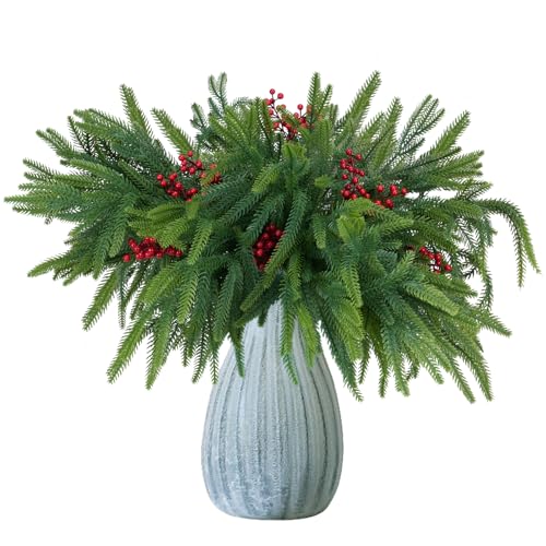 18Inches 16pcs Christmas Norfolk Pine Stems with Berry Set,Artificial Norfolk Branch 8pack, Faux Berry Stem 8pack,Fake stem Greenery Pine Picks for Indoor Home Vase DIY Outdoor Wreath Decoration