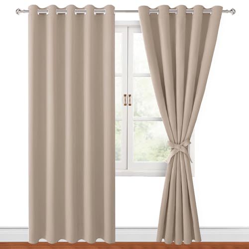 Hiasan Blackout Curtains for Bedroom, 60 x 84 Inches Long - Thermal Insulated & Light Blocking Window Curtains for Living Room/Kids Room, 2 Drape Panels Sewn with Tiebacks, Camel