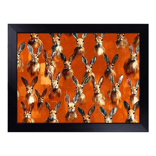 Lap Tray with Bean Bag Cushion, Hare Pattern - Handmade in the UK, Raised Wooden Edge, Padded Cushion, Heat-Resistant Wipe-Clean Surface, for Meals, Laptops and Crafts
