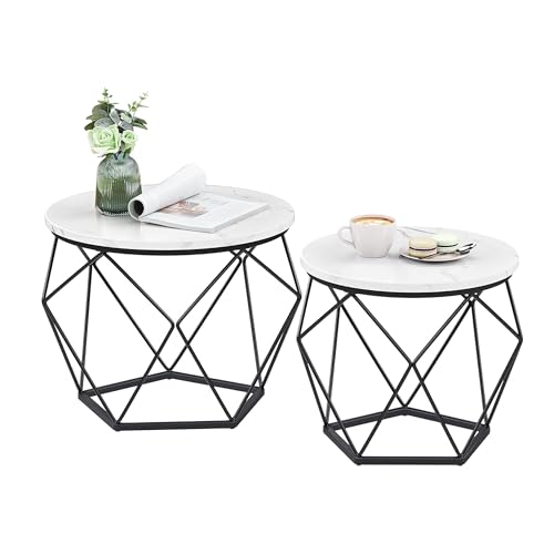 Relaxdays Set of 2 Marble-Look Metal Round Side Tables, Vintage Style, 50x40x40 cm, Brown/Black