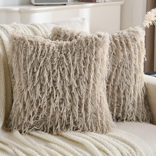 FUTEI Khaki Decorative Throw Pillow Covers 16x16 Inch Set of 2,Soft Fluffy Faux Feather Texture Cushion Cases,Modern Home Luxury Decor for Couch Bed Living Room