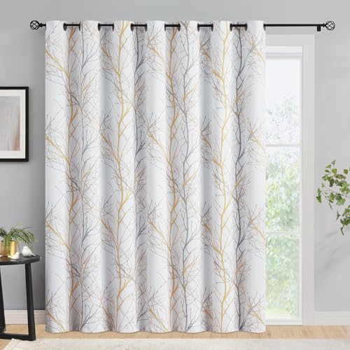 FMFUNCTEX 100% Blackout Mustard Yellow Tree Branch Curtains 84 Inch 1 Panel - Extra Wide Sliding Glass Door Patterned Black Out Drapes Thermal Insulated , Grommet Top for Patio Door, Living Room Divider