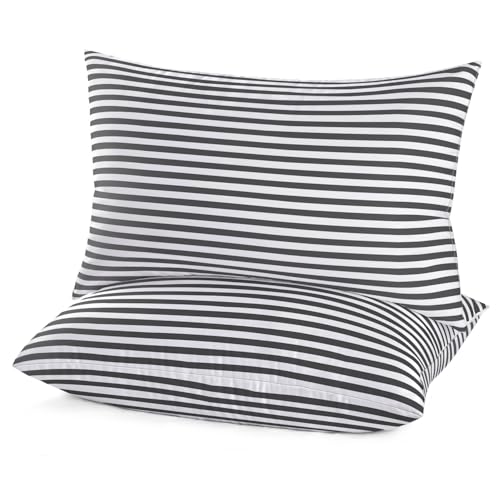 EIUE Bed Pillows for Sleeping 2 Pack Queen Size???Super Soft Down Alternative Microfiber Filled Pillows,Pillows for Side and Back Sleepers,20 x 30 Inches,Striped White Grey