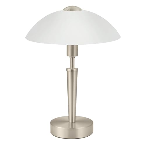 Eglo Solo 1 Table Light, Matt Nickel Steel and White Glass Bedside Lamp, E14 Socket, incl. Touch Dimmer Switch
