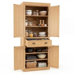 GiantexUK 183cm Tall Kitchen Cupboard, 4-Door Freestanding Pantry Cabinet with Adjustable Shelf, Drawer & Anti-Toppling Device, Wooden Storage Cupboard for Dining Room (without Door Racks, Natural)