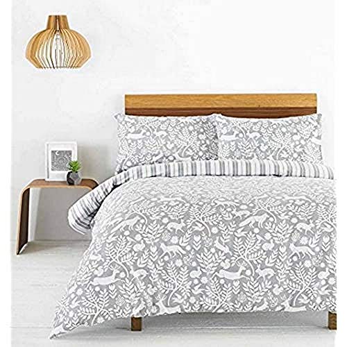 "Creative Cloth Skandi Woodland King Duvet Cover Set - Grey and White - Scandinavian Woodland Animal Design - Striped Reverse - 100% Cotton - Machine Washable - 230 x 220cm (91"" x 87"" inches)"