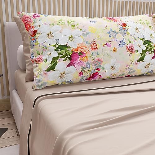 PETTI Artigiani Italiani - Double Bed Sheets in Cotton with Pillowcases in Digital Print, for Double Bed, Complete Fitted Sheet Top and Bottom Sheet, Beige, 100% Made in Italy
