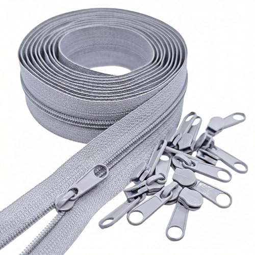 MebuZip #3 Nylon Coil Zippers by The Yard Bulk Zipper Roll Zipper Tape 10 Yards with 25pcs Pulls for Sewing Tailor DIY Craft Bags Pillows (Grey 10Yards)