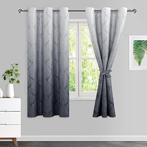 JIUZHEN Grey Ombre Blackout Curtains for Bedroom??? Damask Patterned Thermal Insulated Noise Reducing Grommet Curtains with Tiebacks, 42 x 63 Inches, Set of 2 Window Curtain Panels