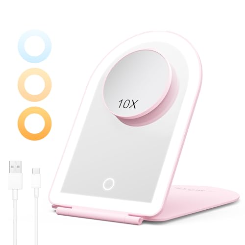 BESTOPE PRO Illuminated Makeup Mirror with 3 Colour Temperatures, 10x Magnification & USB-C Charge, Portable, 1500 mAh Battery, 3 Hours Running Time, Pink