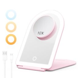 BESTOPE PRO Illuminated Makeup Mirror with 3 Colour Temperatures, 10x Magnification & USB-C Charge, Portable, 1500 mAh Battery, 3 Hours Running Time, Pink