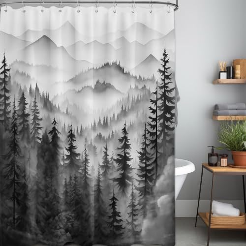 QGHOT Foggy Mountain Shower Curtain, Nature Woodland Forest Cabin Shower Curtains for Bathroom Waterproof Pine Tree Bathroom Decor for Men, Polyester Fabric with Hooks (Black and White,60''W x 72''L)