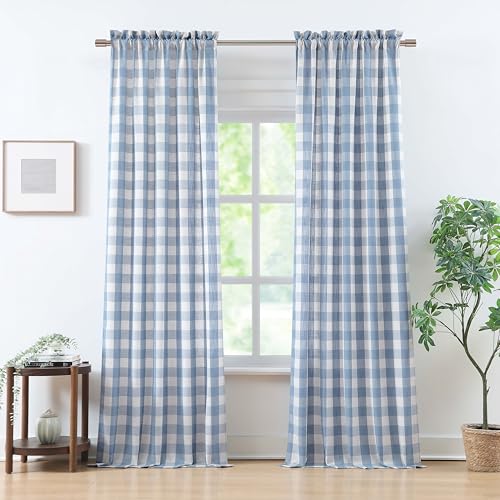 "Bapawfish Buffalo Plaid Semi Sheer Curtains 84 Inches Long,Beige-Dusty Blue Buffalo Check Drapes for Bedroom Living Room,Farmhouse Gingham Window Treatment,Rod Pocket,40"" Wx84 Lx2,Beige-Dusty Blue"