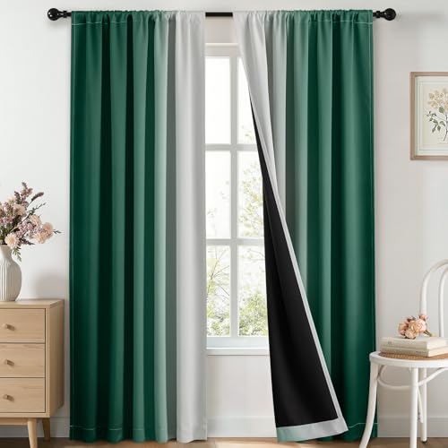 Yakamok 100% Blackout Curtains 84 inches Long, Room Darkening Dark Green and Greyish White Curtains Ombre for Bedroom,Gradient Rod Pocket Window Curtains for Living Room,2 Panels,52x84 inch