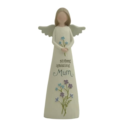 Feather & Grace Amazing Mum Angel Figurine ??? Handcrafted Resin Ornament with Blue Flowers, Sentimental Mum Gift Collectible (14cm)