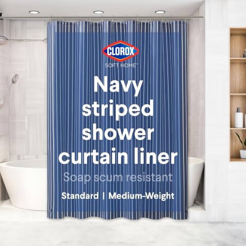 "CLOROX Shower Curtain Liner, Premium Striped Medium-Weight Durable Waterproof 6g PEVA for Bathroom with Weighted Magnets, Printed Standard Size 72"" x 72"", Navy"