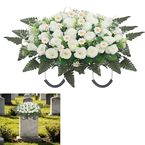 Wocst Headstone Flower Saddle,Large Artificial Cemetery Flowers for Grave Artificial Roses Daisy Saddle for Cemetery Headstone (White)