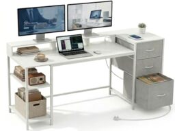 YITAHOME 145cm Computer Desk with Drawers Power Outlet USB Storage White