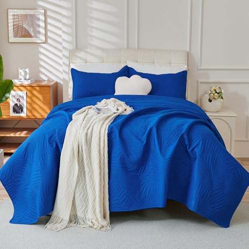 Cmfshape Lightweight Quilt Set Summer Comforter,Thin Soft Bedspread 3 Pieces Queen Bedding Set Morden Style Banana Leaves Patterns (Royal Blue, King)