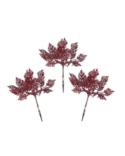 Set of 3 Red Glitter Leaf Christmas Tree Picks, 19cm Sprays - 3 red glitter leaf picks, 19cm artificial Christmas foliage sprays for trees, wreaths, garlands and festive displays