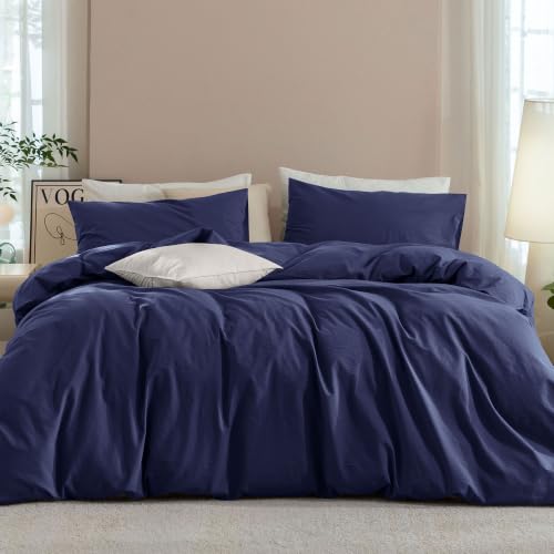 JIYUAN Full Washed Cotton Duvet Cover Set, 3-Piece, Relaxed Linen Feel - Includes 2 Pillowcases, Hidden Zipper & 8 Corner Ties. Naturally Soft, Breathable & Lightweight. Machine Washable.